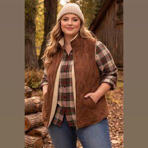 Lands End Faux Suede Sherpa Vest Women’s XL Petite 18-20 Brown Lined Full Zip